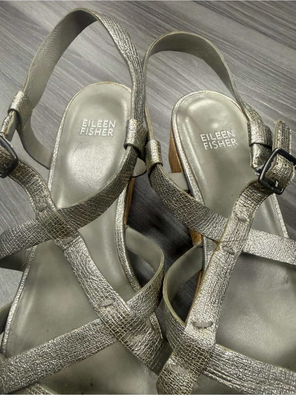 Eileen Fisher Array Cork Platform Women’s Sandals Size 9 Metallic Silver
